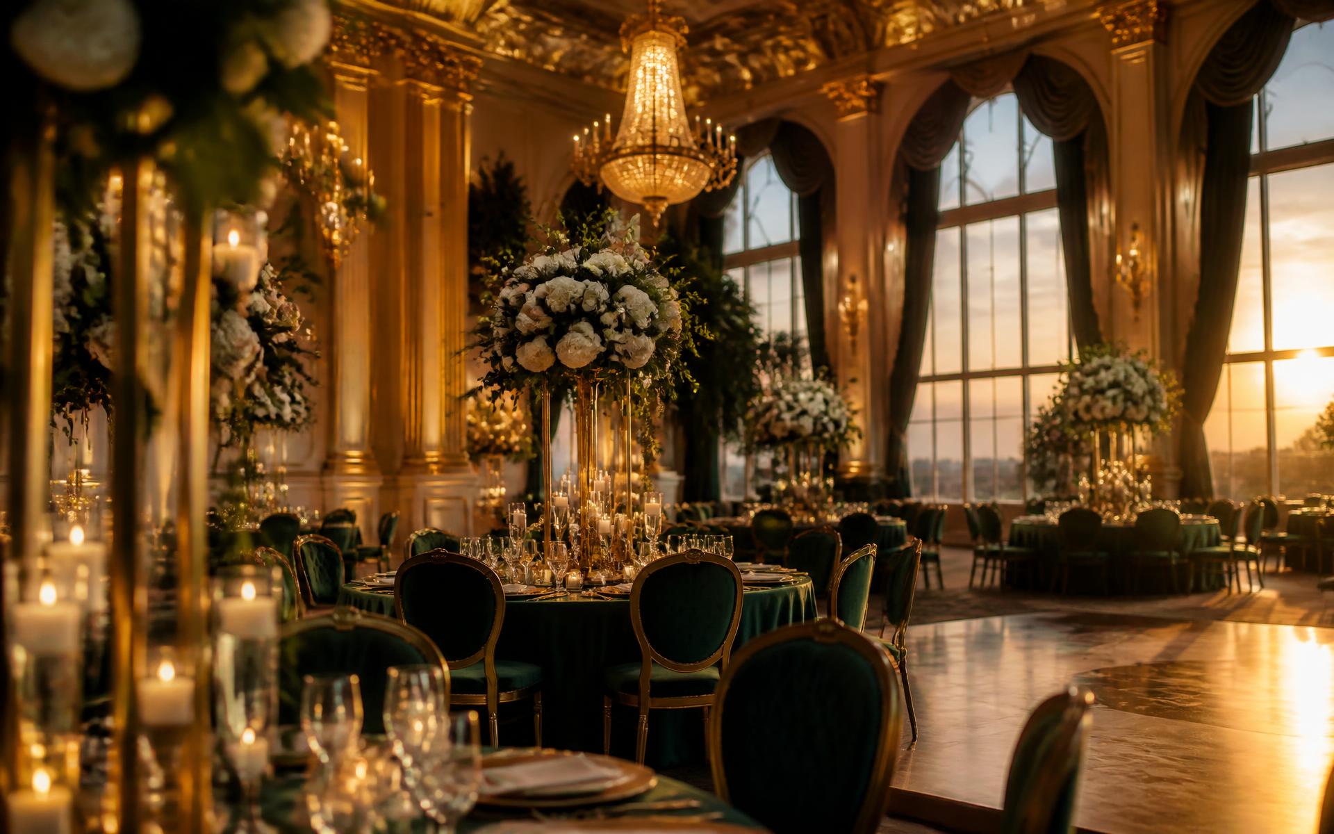 Elegant emerald and gold wedding reception in the Queen Annex event hall